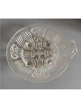 Vintage Clear Pressed Glass Divided Relish Dish Floral Scroll Handle 8" Serving